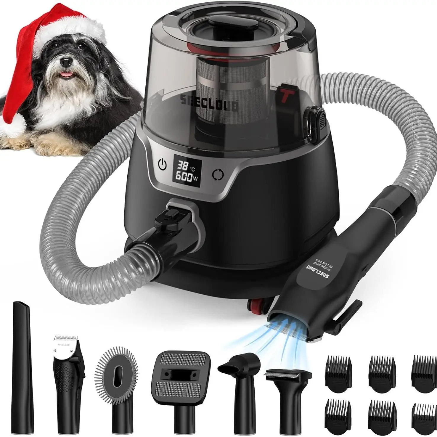 Dog Grooming Vacuum, Pet Grooming Vacuum and Dog Dryer with 6 Pet Grooming Tools, 600w Dog Grooming Kit with 3L Dust Cup, Low No