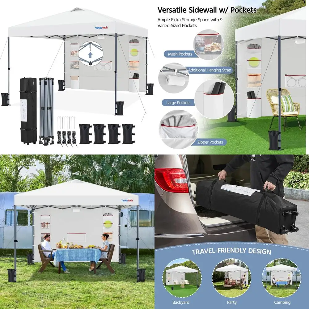 

8x8 Outdoor Waterproof Canopy Tent with Removable Pockets and Sidewall for Extra Storage, Durable Sun Shelter with Wheels for Ea