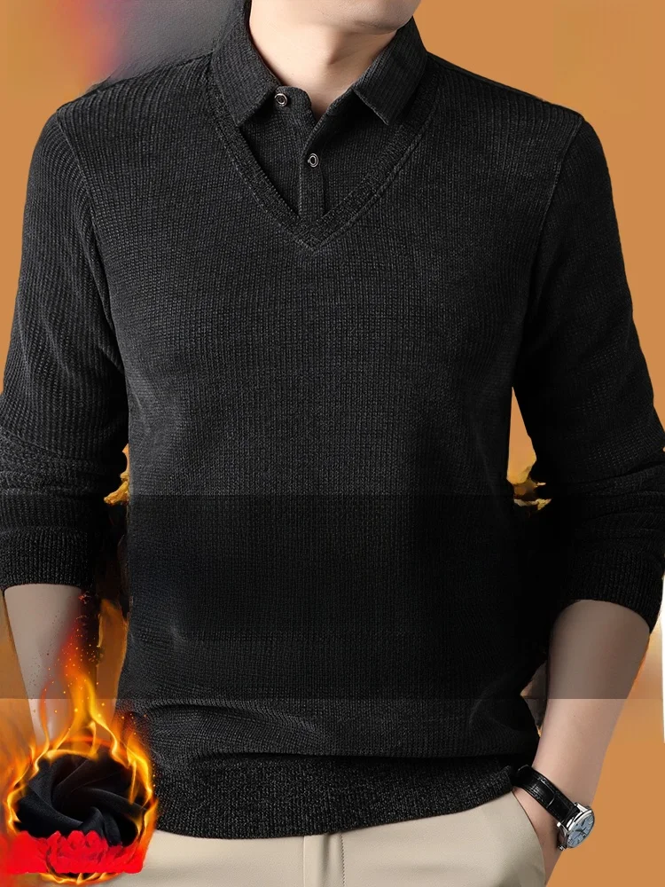 

TUCANO Winter Thiened Fce Lined irt Collar Sweater False Two-Piece Warm Knitted Woolen Top for Men Casual Faion