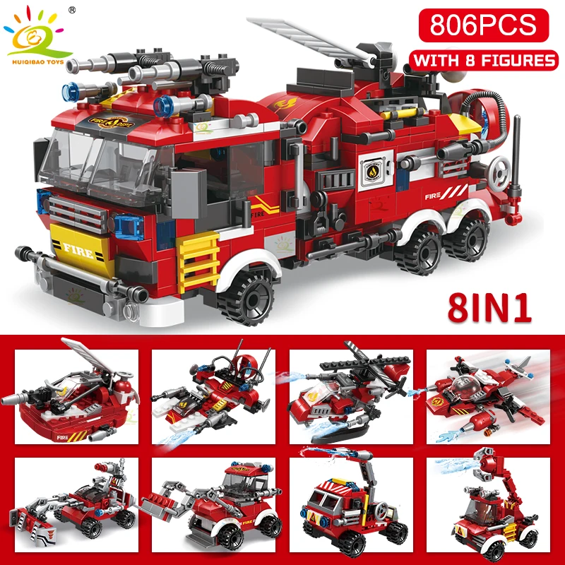 HUIQIBAO City Fire Truck Model Building Blocks Firefighting Set Fireman Figures Bricks City Construction Toy for Children Gift