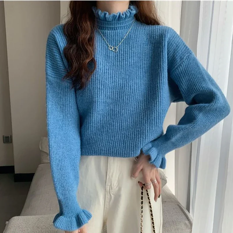 Women Ruffles Thicken Warm Sweater Mock Neck Flare Sleeve Sweet Pullovers Solid Casual Sweater For Women 2024 Fall Winter