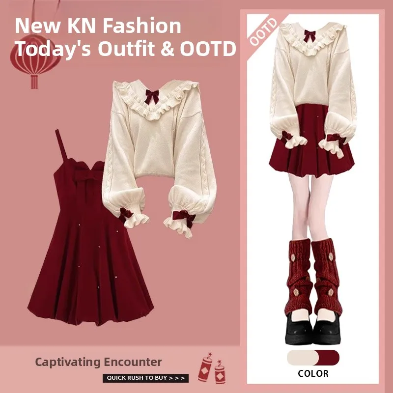 

Winter Knitted Sweater And Slimming Strap Dr Two-Piece Set for Women New Year Red Faion Ensemble Long Sve round Ne
