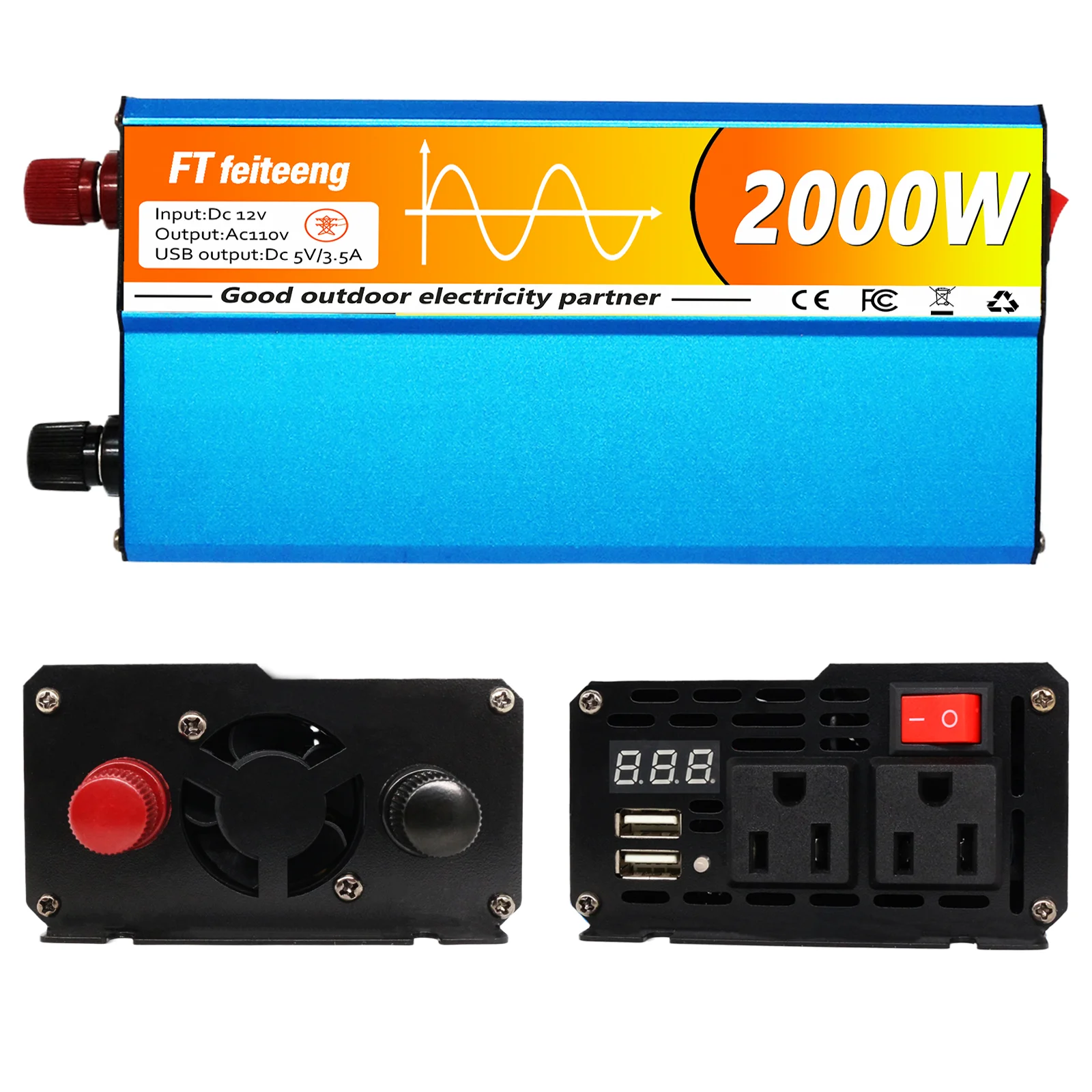 2000 واط 1500 واط موجة جيبية نقية عاكس الطاقة 12 فولت إلى 110 فولت التيار المتناوب لشاحنة RV للسيارة ، مع شاشة LED منافذ التيار المتردد المزدوج منفذ USB #3
