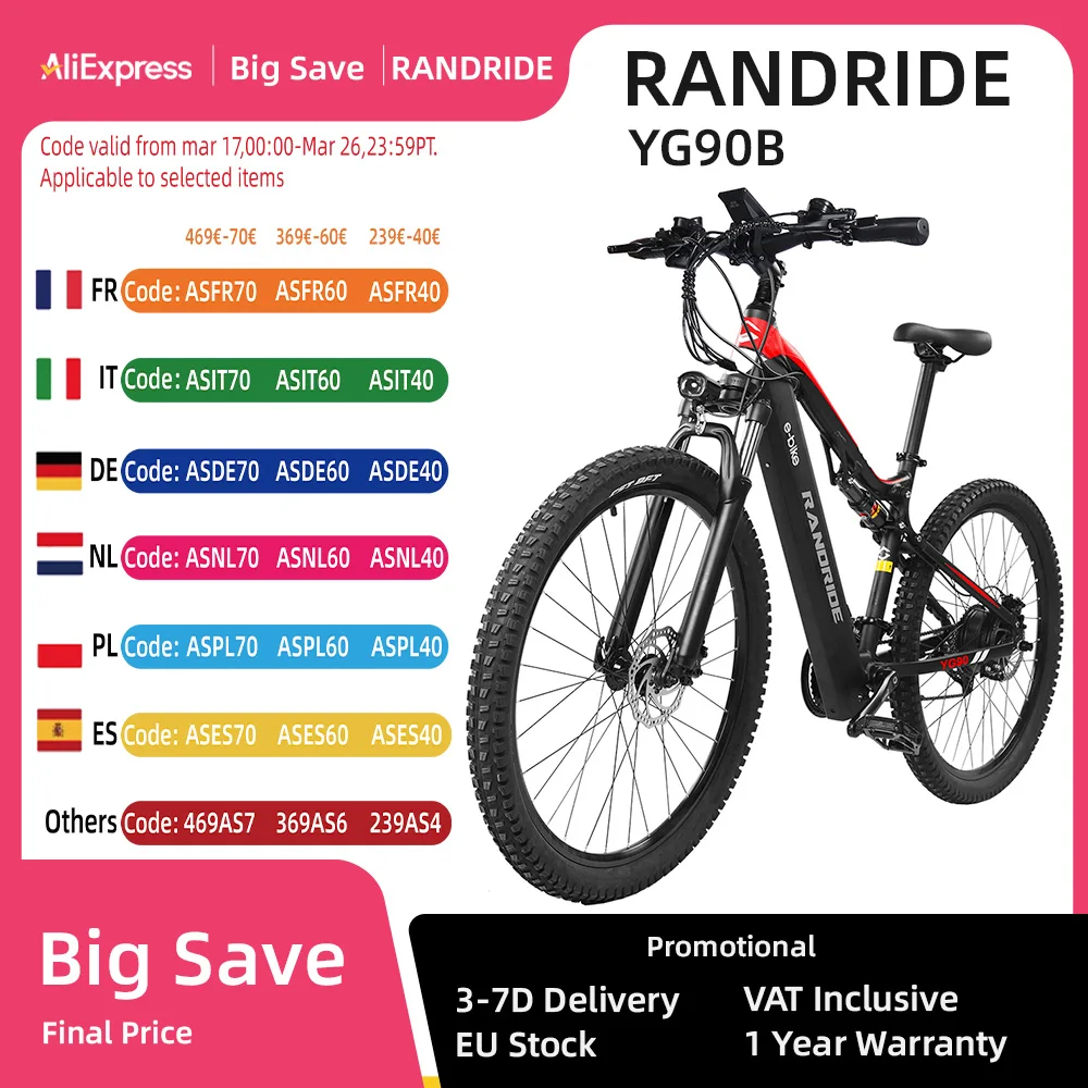 RANDRIDE YG90B/A Electric Bicycle Adult 1000W Men's E-Mountain ebike 48V13.6AHBattery,26 Inch Full Suspension MTB Electric Bike