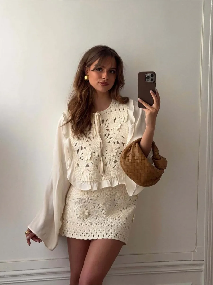 

Embroidery Crochet Mini Skirts Sets Women Lace-up O Neck Long Sleeve Loose Shirt Summer Casual Fashion A-line Skirt 2 Piece Set
