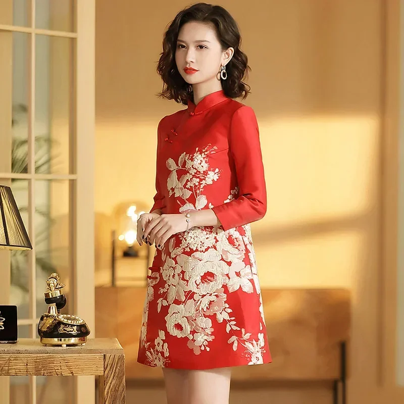 

Red Cheongsam Vintage Mandarin Collar Qipao Women Elegant A-Line Chinese Style Dresses Jacquard Vestidos Lady Sexy Qipaos