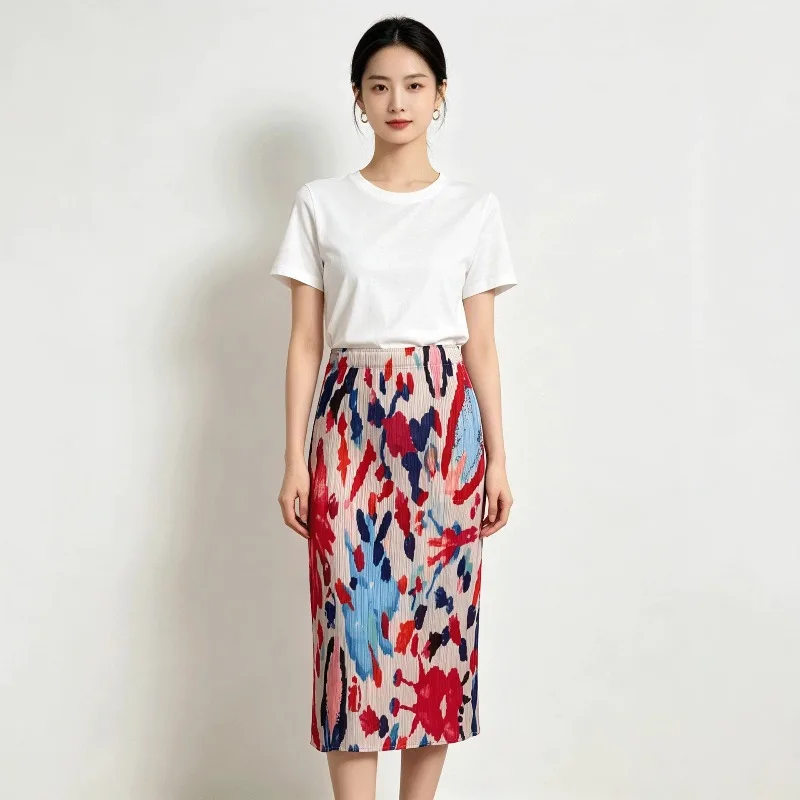 Miyake Pleated 2026 Bohemian Summer Pleated Mid-Length Skirt Vintage Ethnic Style Printed Draped Slimming Straight Skirt Pleat