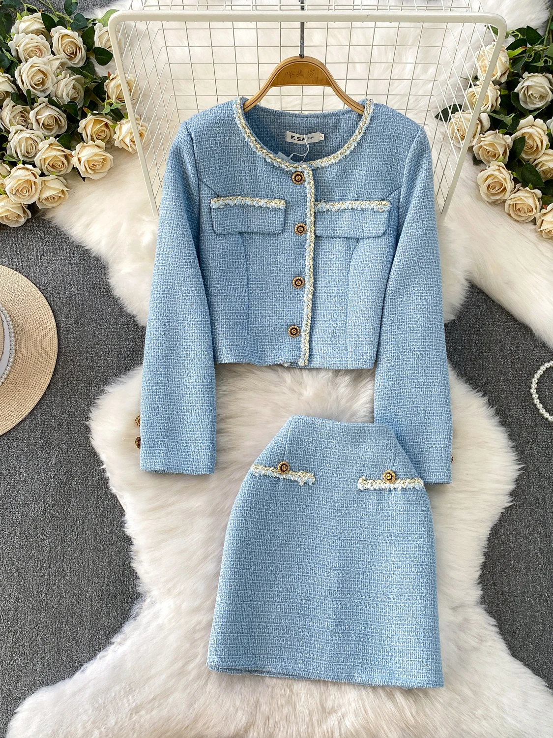 

Knitted Tweed Coat with Metal Bule round Ne And Slimming ort Skirt Two-Piece Set High Waist Warm Thiened Au...