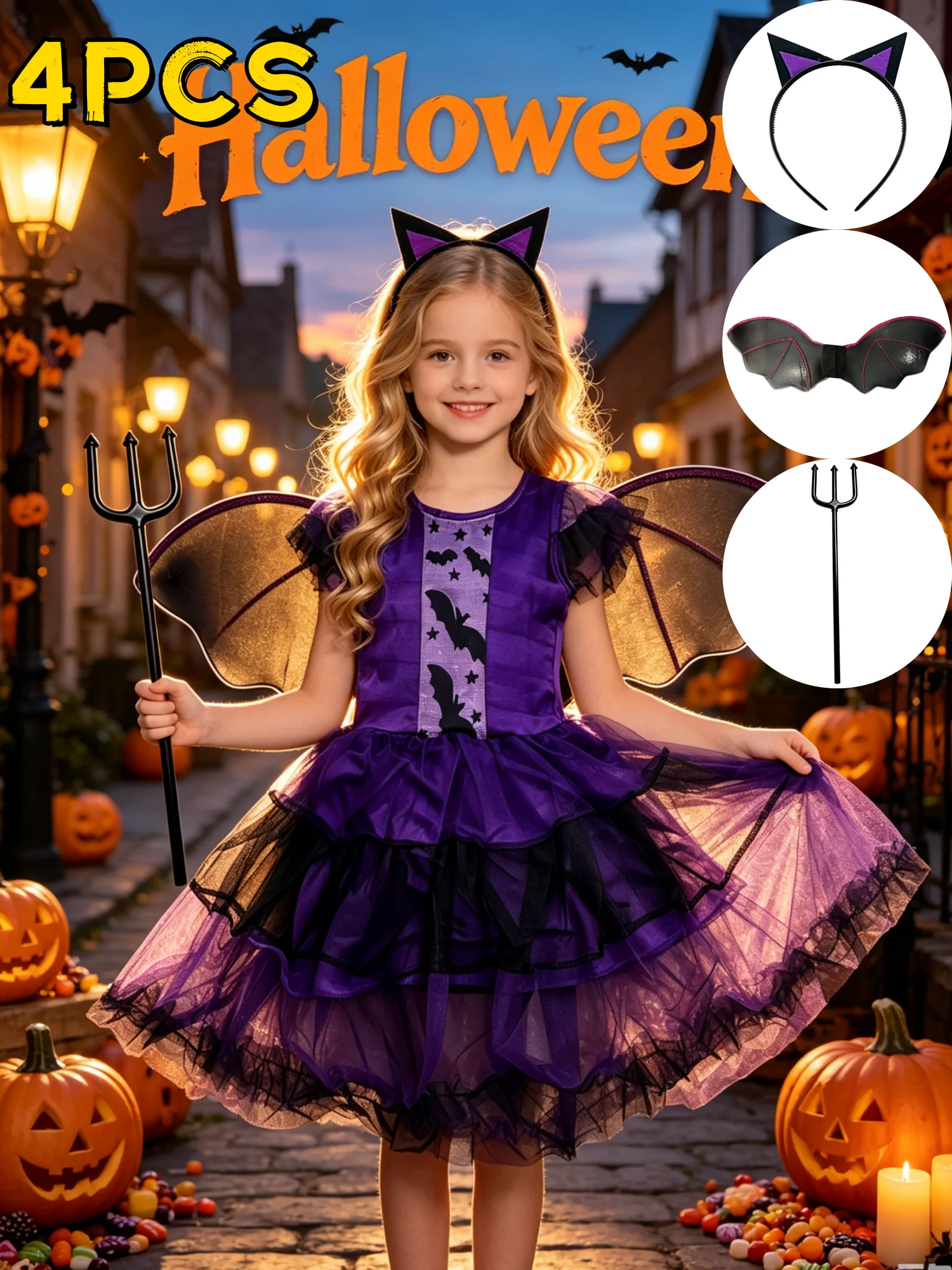Halloween costume, girls' dress, Gothic vampire bat princess dress, role-playing costume, with headband set