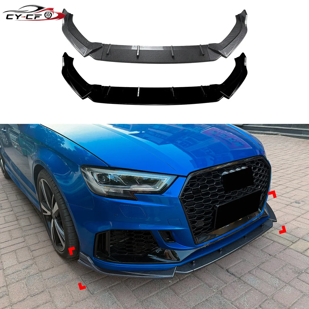 For Audi RS3 8V 2017-2022 3pcs/Set Car Front Bumper Lip Chin Spoiler Protector Guard Body Kit Exterior Tuning Accessories