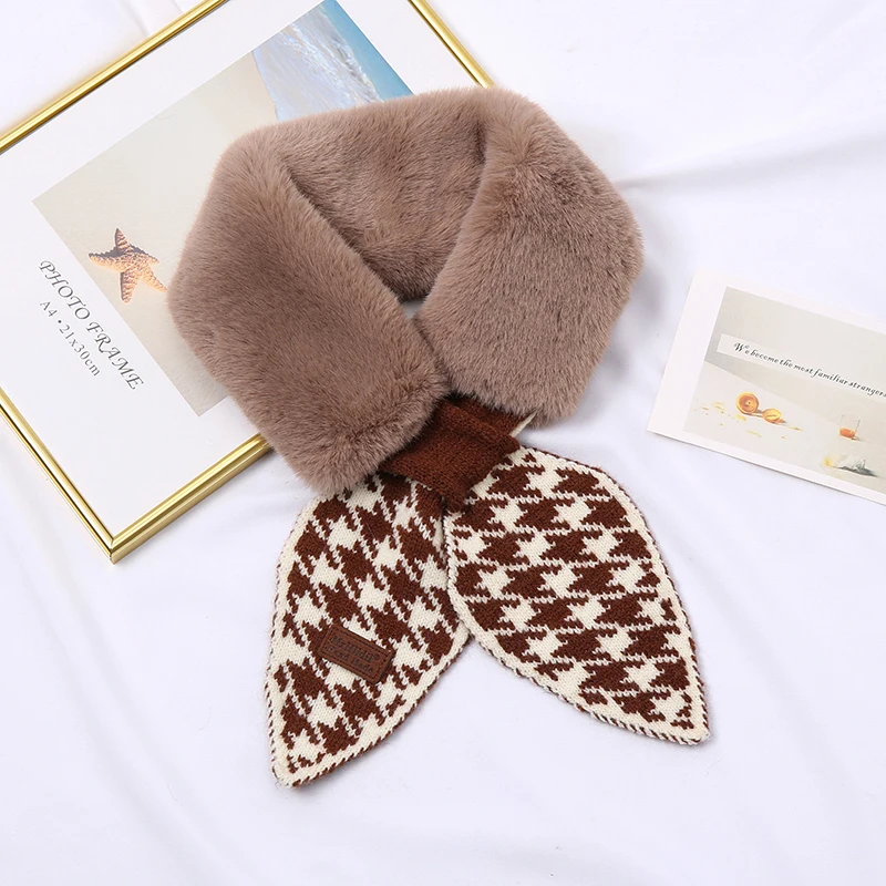 Fashion Plush Fur Scarf Women Luxury Brand Lady Plaid Winter Neckscarf Muffler Pashmina Houndstooth Scarves Foulard Stoles Hijab