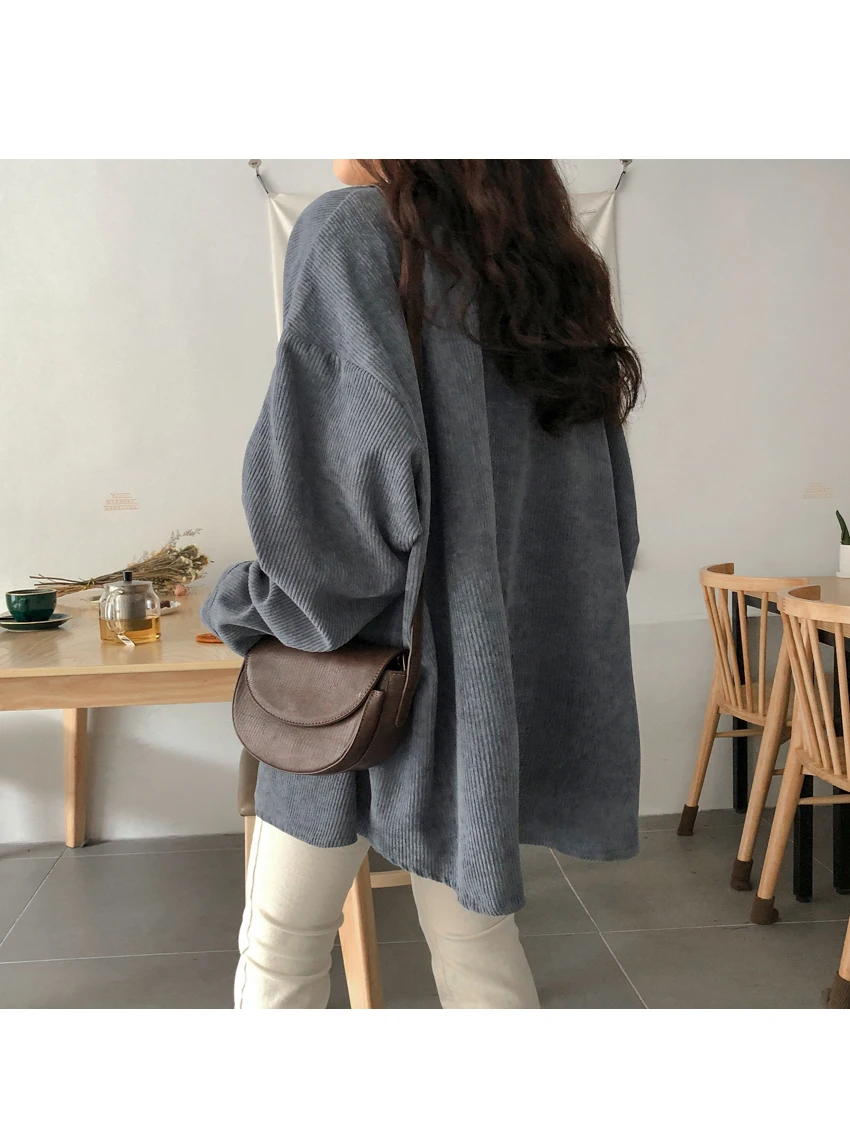 Frauen Herbst Langarm Beige Cord Hemd Mantel Übergroßen Tops Langarm Blusen Einreiher