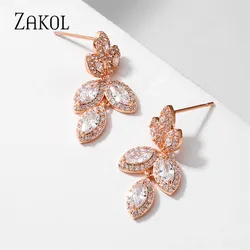 ZAKOL  TRENDY Leaf Water Drop Cubic Zirconia Stud Earrings for Women Luxury Female Copper Alloy Wedding Jewelry EP2956