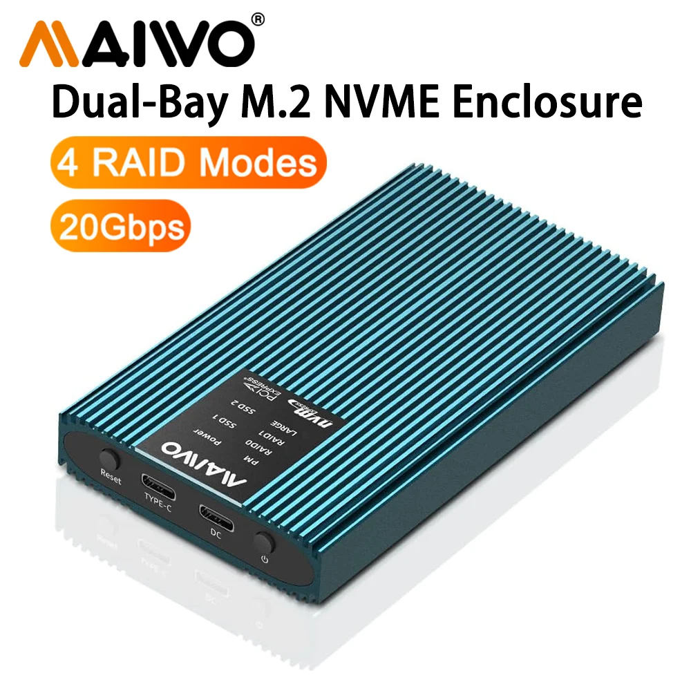 MAIWO Dual Bay M2 NVMe SSD Case Type C USB3.2 Gen2x2 20Gbps M2 Hard Drive Box Portable NVMe Dual-disk RAID Array Box