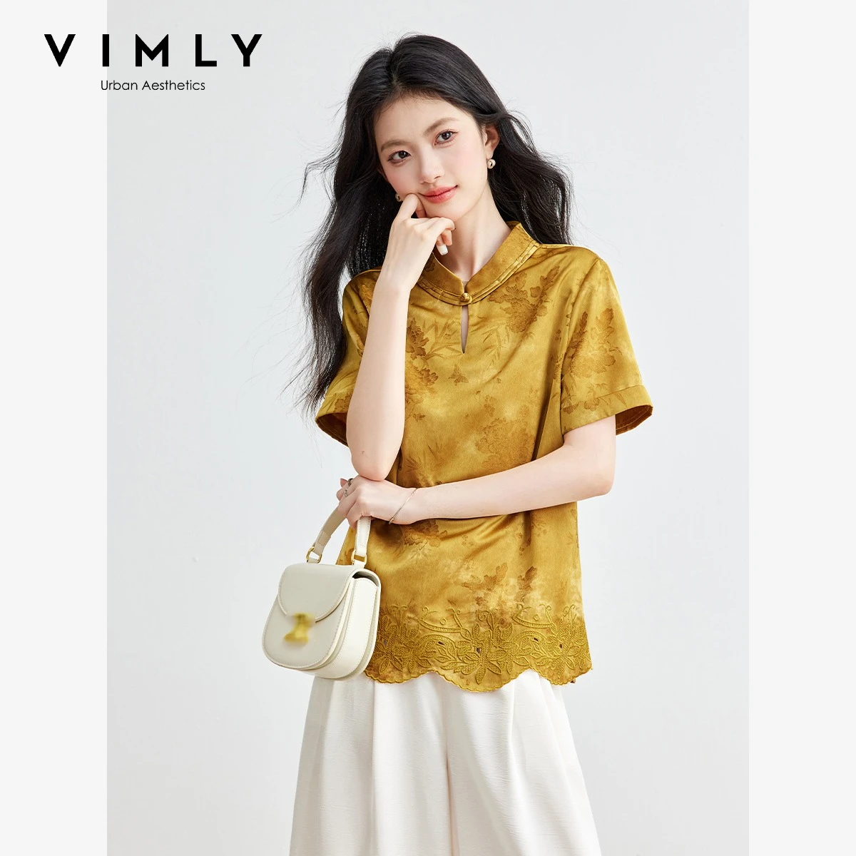 VIMLY New Chinese Jacquard Satin Chiffon Blouse Hollow Stand Collar Short Sleeve Shirt New Summer Elegant Short Sleeve Top A6001