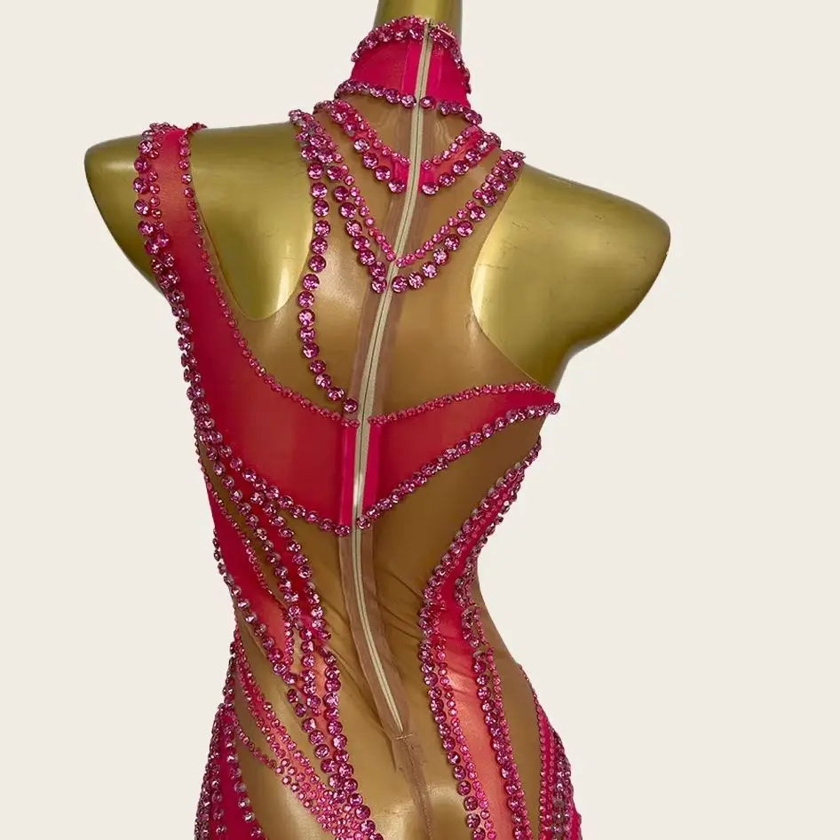 Liuzhuan فساتين كوكتيل نسائية بكريستال أحمر سباركلي للاحتفال بعيد الميلاد رداء حفلات أداء المغني زي المسرح المطاطي #4