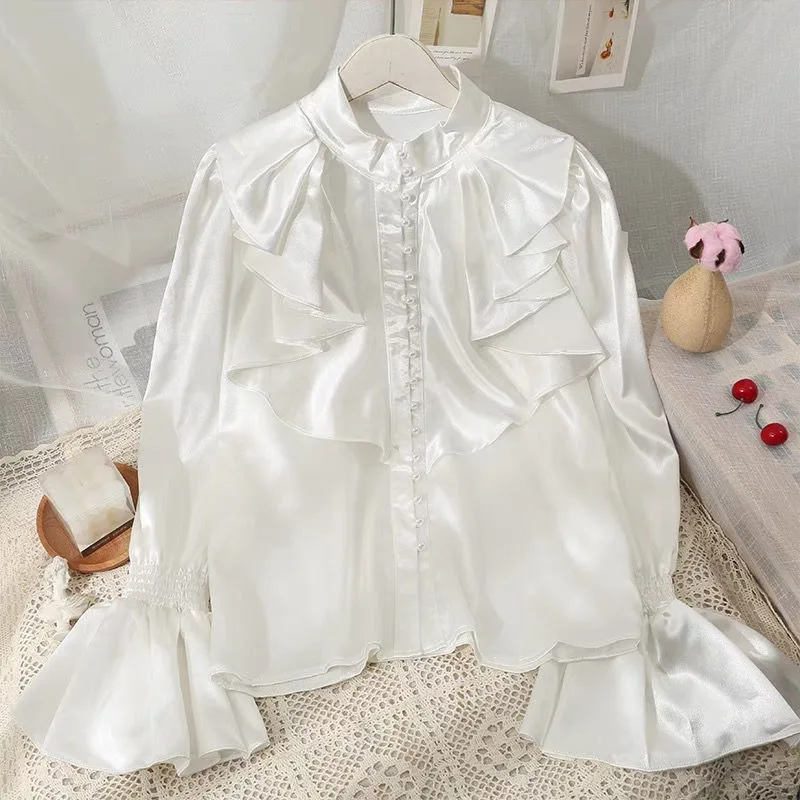Women's Autumn Spring Shirt Ruffles Flared Sleeves Lolita Blouse Stand-up Collar Single-breasted Pearls Solid Luxury Womens Tops