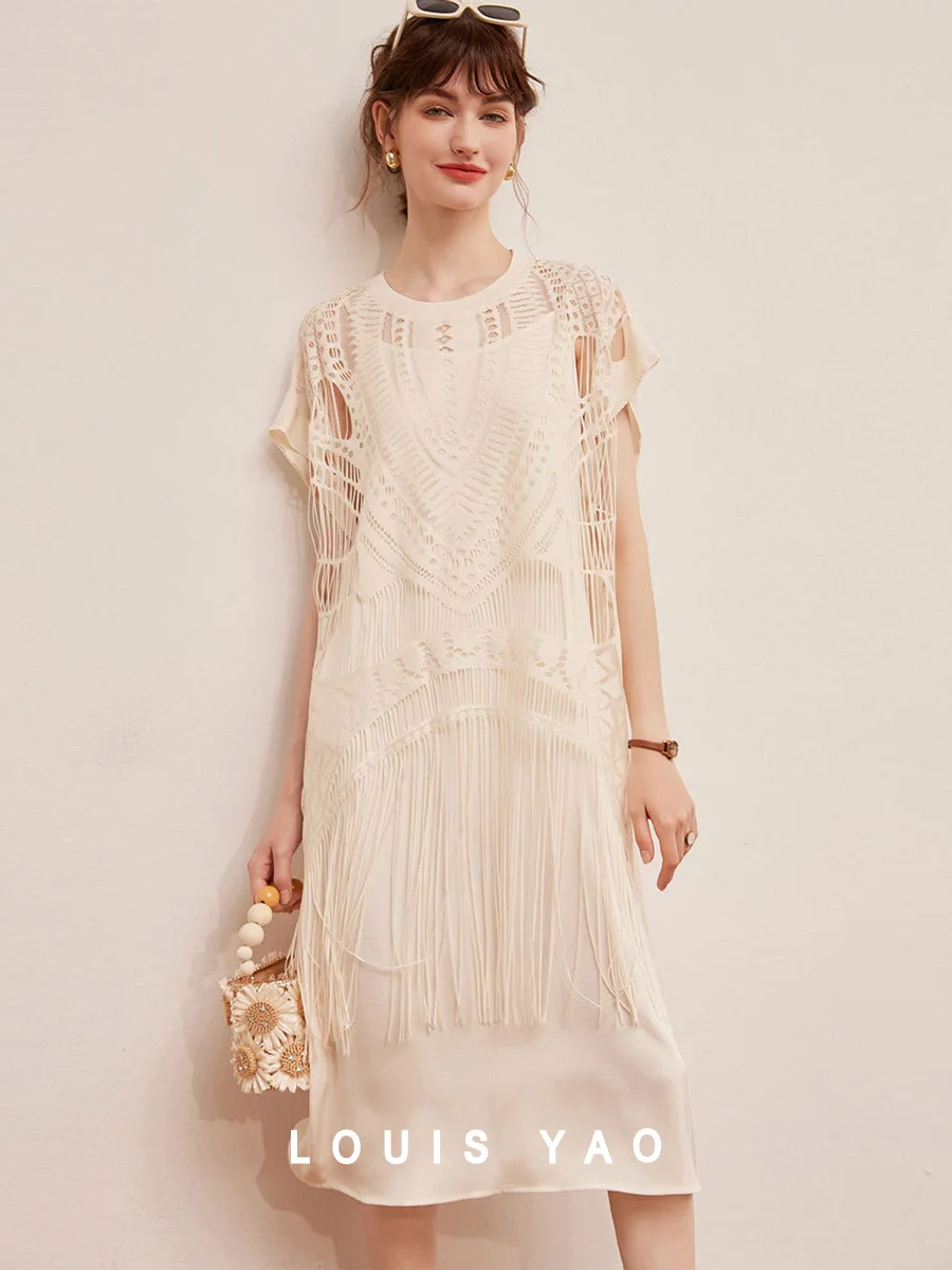 

LOUIS YAO Dress Set 2025 Two-piece Set with Hollowed Out Lace Tassel Top and Elegant Camisole Dress Summer Dress for Women