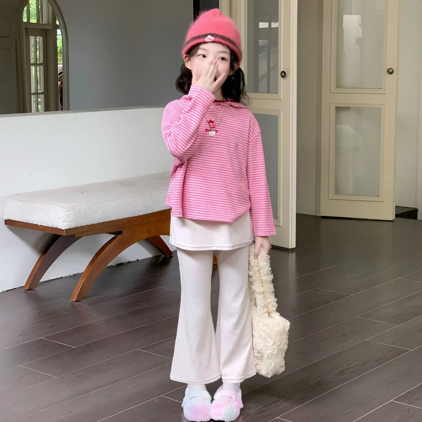 2026 autumn new children's clothing, girls' hooded striped sweatshirt, long sleeved T-shirt+beige bell bottom pants, long pants