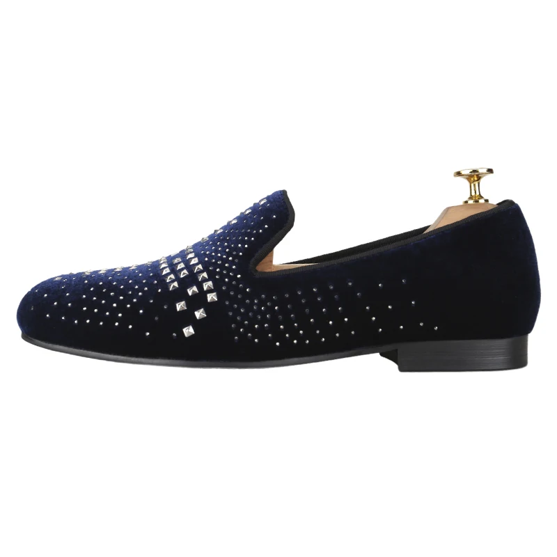 Piergitar New Style Navy Blue Velvet Shoes With Luxurious Rhinestones And Metals Design Handmade Men Loafers Red Quilted Inside