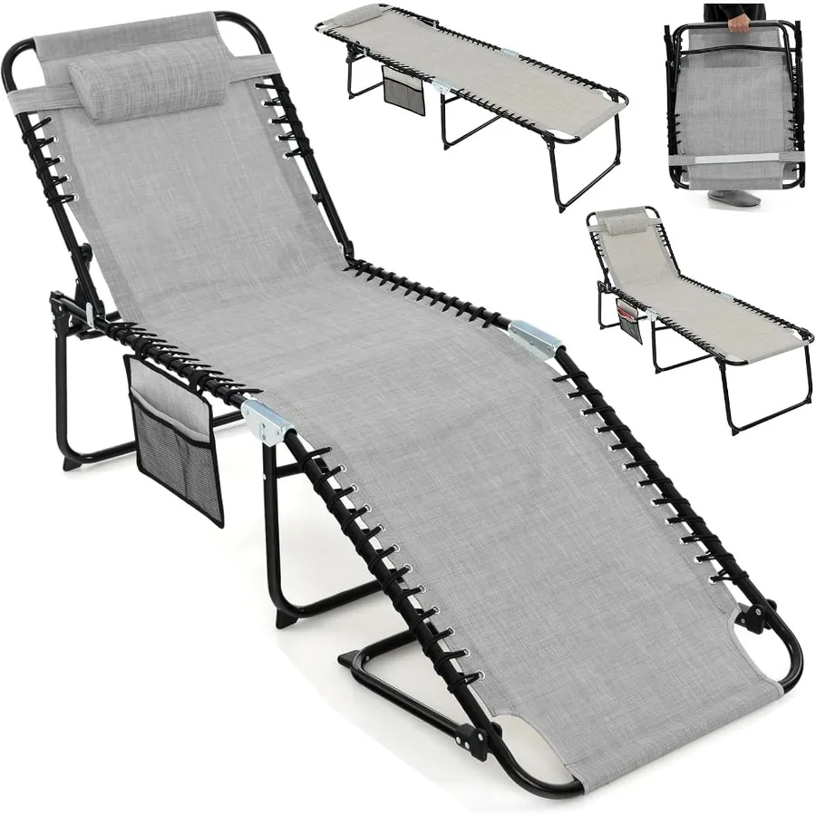 Patio Lounge Chairs for Outside - Folding Tanning Chair W/Headrest, 4 Adjustable Positions, Side Pocket, Outdoor Chaise Lounge