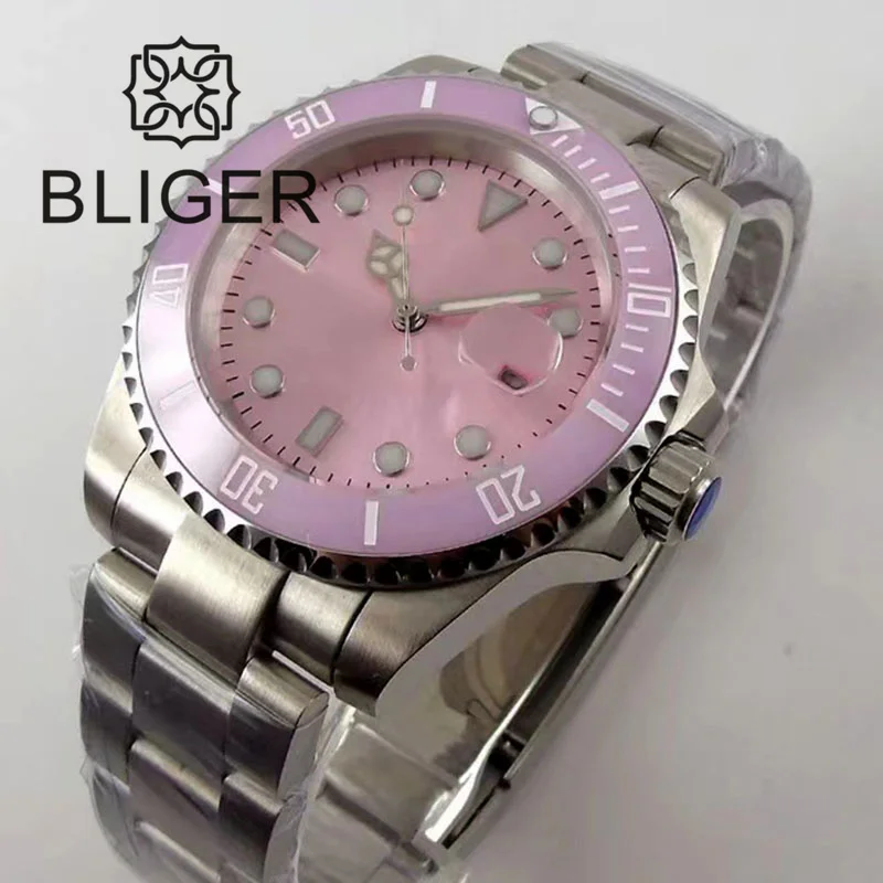 BLIGER 40mm Automatic Watch For Men NH35 Mingzhu Miyota PT5000Sterile Movt Pink Sunbust Dial Ceramic Bezel Sapphire Glass Date