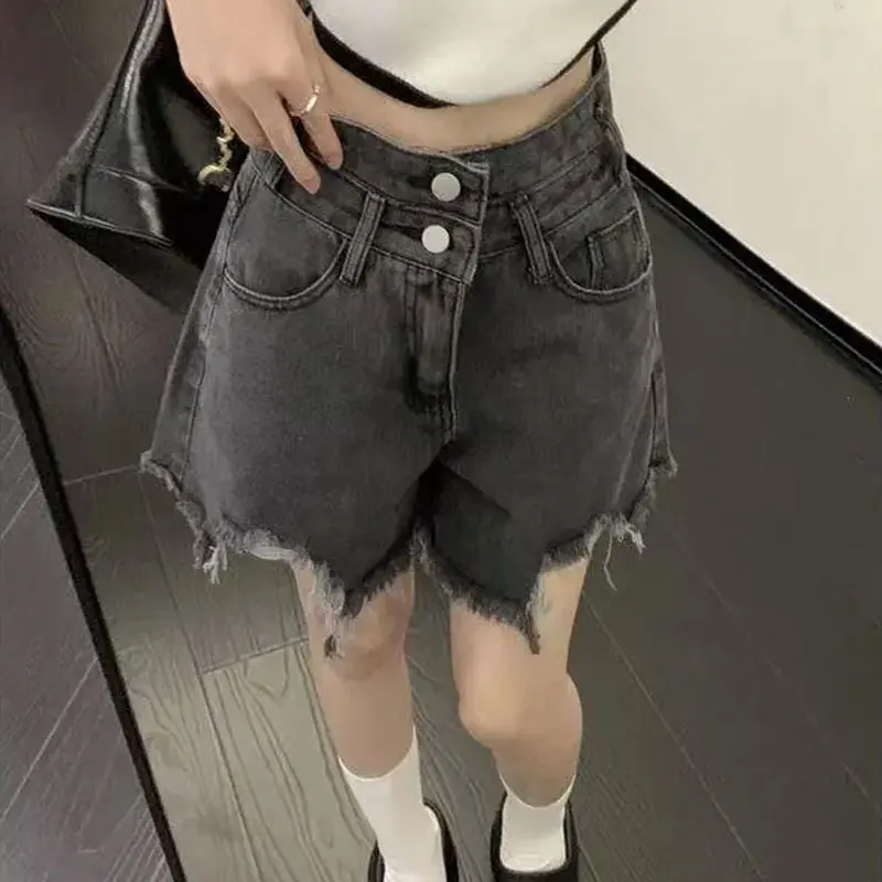 

Summer Wash Ripped Tassel Straight Denim Shorts Stylish Irregular Women's Clothing High Waist Button Casual Hole Wide Leg Shorts