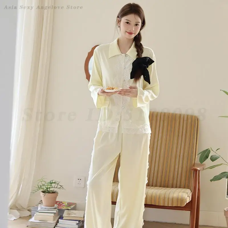 

Кружевной лоскутный топ, брюки, атласная одежда для сна, нежный повседневный пижамный комплект из 2 предметов, ночная рубашка, женская домашняя одежда, комплект брюк с длинными рукавами, пижамный комплект