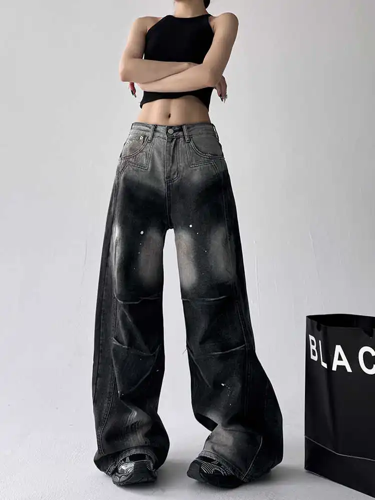 Women Black Gothic Y2k Oversize Jeans Harajuku Vintage Wide Leg Denim Trousers Japanese 2000s Style Boyfriend Jeans Pants Autumn