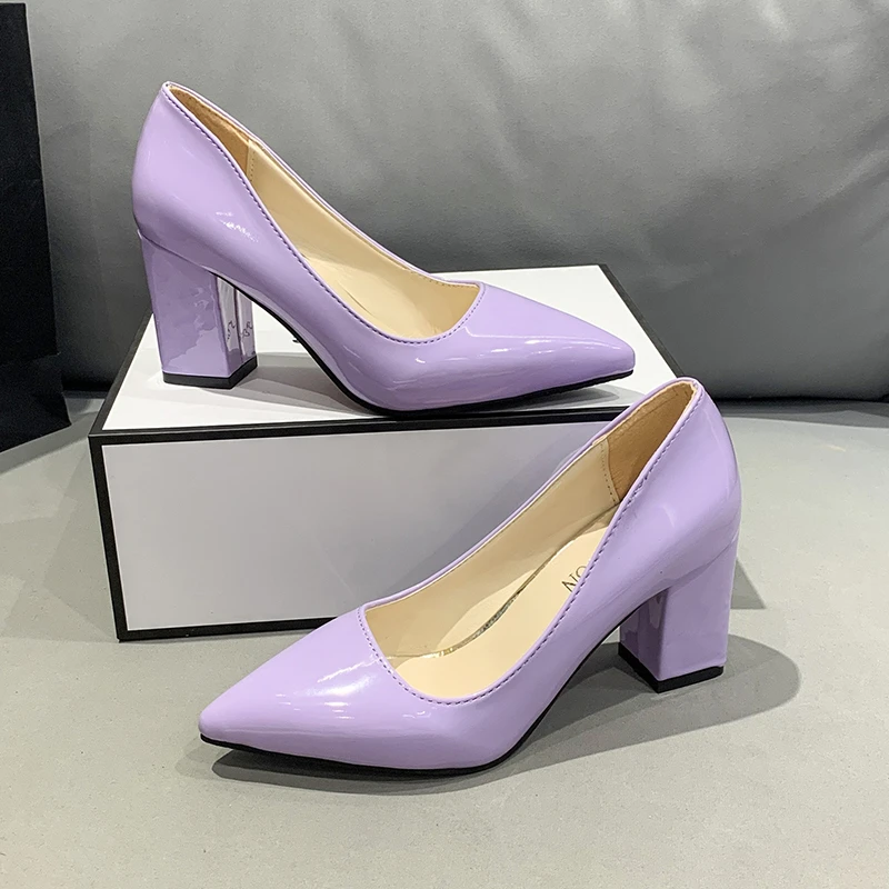 Women\'s High Heels Shoes Spring Summer Candy Colors Pu Leather Chunky Heel Female Pumps Pointed Toe Party Dress High Heels 2022