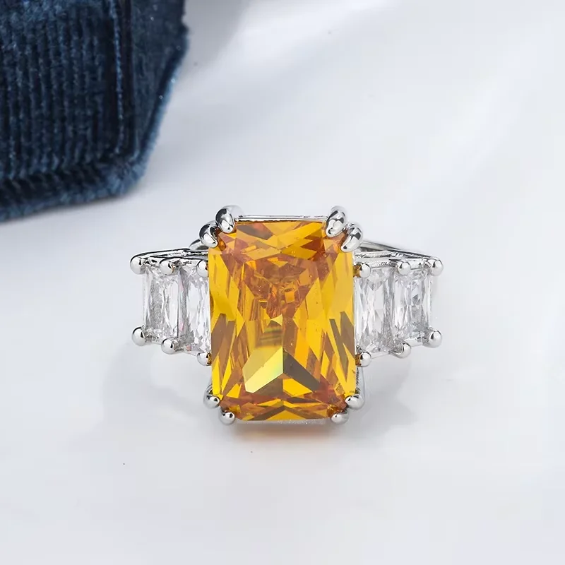 Radiant Cut Yellow/Pink/Blue Zircon Three Stone Ring White Gold Color Big Stone Women Engagement Statement Ring - view 5