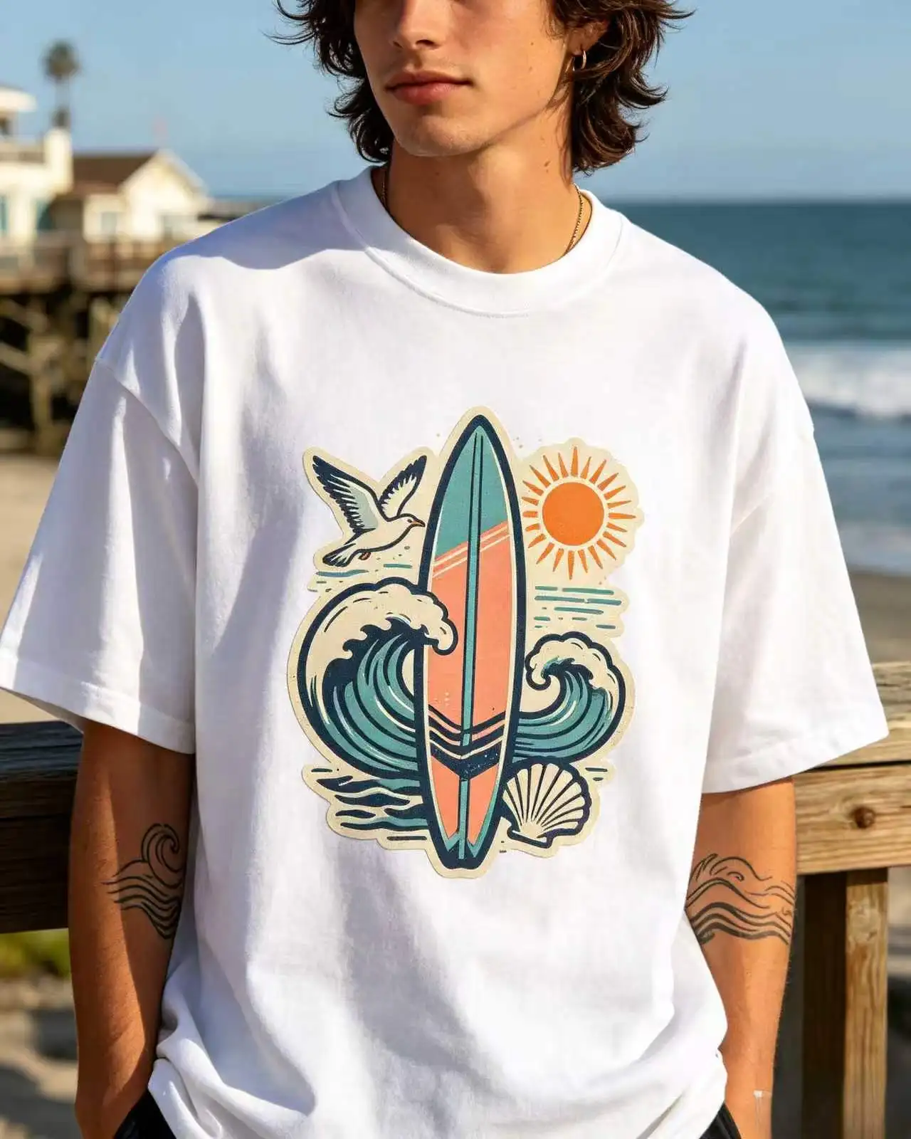 Unisex Surfboard Wave Seagull Sun Beach Ocean Graphic T‑Shirt Men Women Vintage Summer Holiday Oversized Loose Cotton Tee
