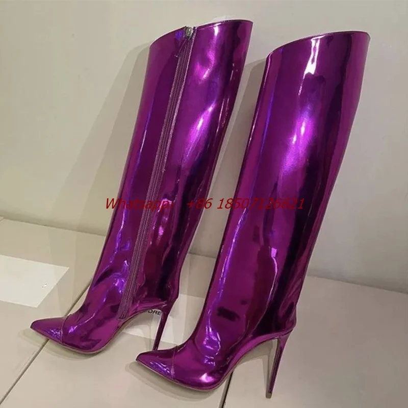 Pointed Toe Stiletto Solid Color Laser Leather Knee-High Boots Large Size Versatile Sexy Women's Boots