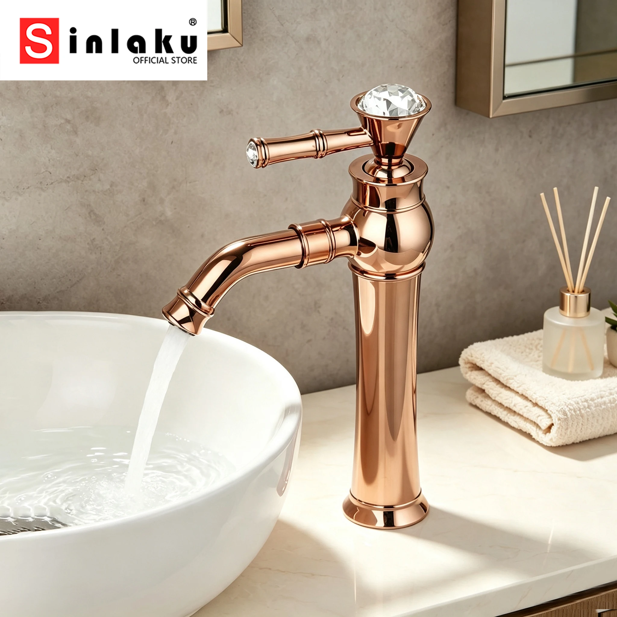 SINLAKU Luxury European Black Gold Antique Diamond Bathroom Basin Faucet Vessel Sink 360 Swivel Spout Faucets Bath Mixer Tap