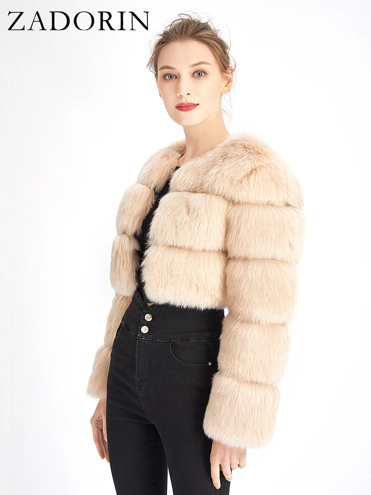 ZADORIN ใหม่แฟชั่นผู้หญิง Crop Top Faux Fox ขนสัตว์ฤดูหนาวหนาหนายาวแขนสั้นสไตล์ Slim Furry Fur เสื้อแจ็คเก็ต