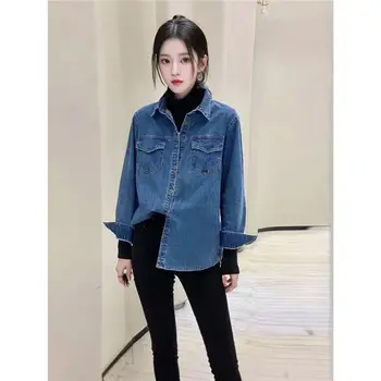Camicia in denim da donna con colletto polo, strato base, primaverile e autunnale, nuovo design, vestibilità aderente, abbigliamento a strati, manica lunga, origine Cina 6 best sales Crema superiore - №5