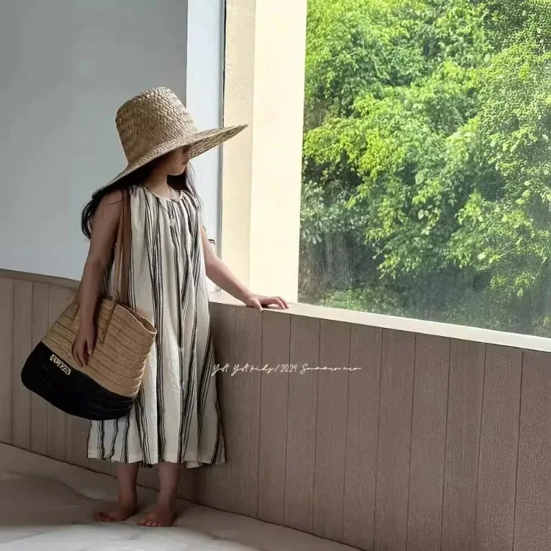 Children Clothing Girls Sleeveless Dress New Fashionable Summer 2025 Korean Style Vertical Stripe French Retro Holiday Dress