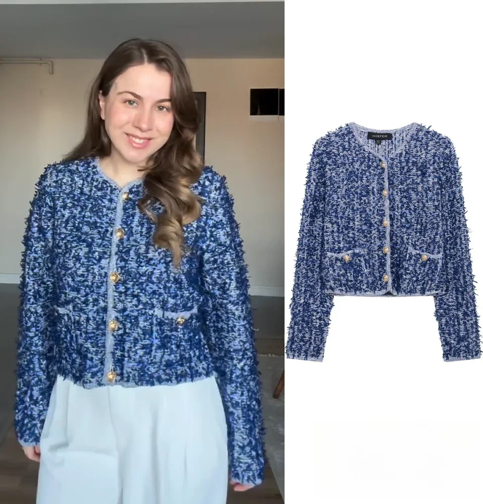 

KONDALA женский шикарный синий вязаный кардиган с круглым вырезом, однобортный карман с длинным рукавом, новинка 2025, весна-осень, модная уличная вязаная коа