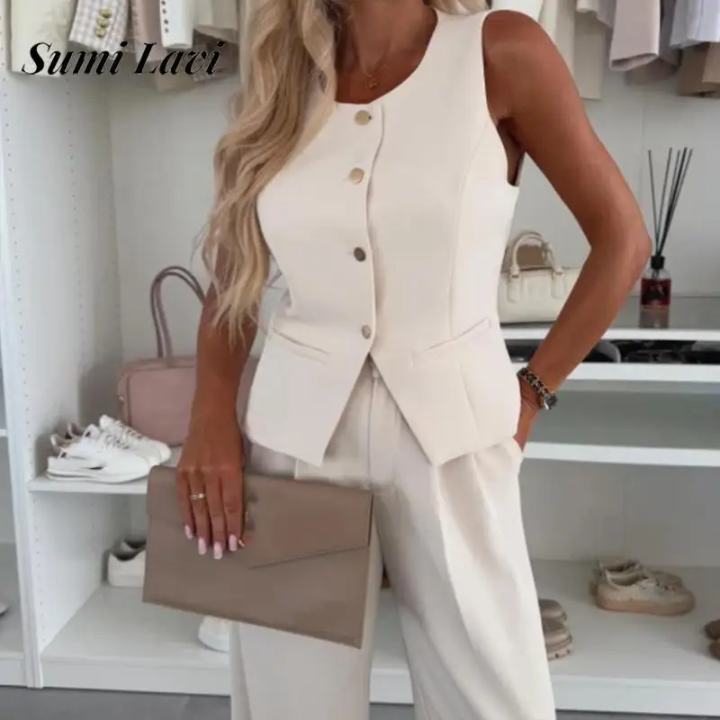 

Women Casual O-neck Pocket 2Pc Outfits Fashion Commuting Solid Summer Suits Elegant Sleeveless Button Vest & Straight Pant Sets