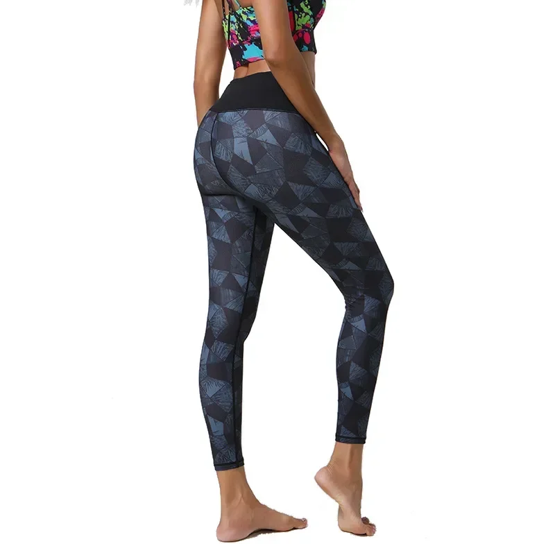 Women Hot Sale Geometric Printing Nude Thin Leggings with Back Pocket Sports Gym Dancing Fitness High Waist Leggings 8Z