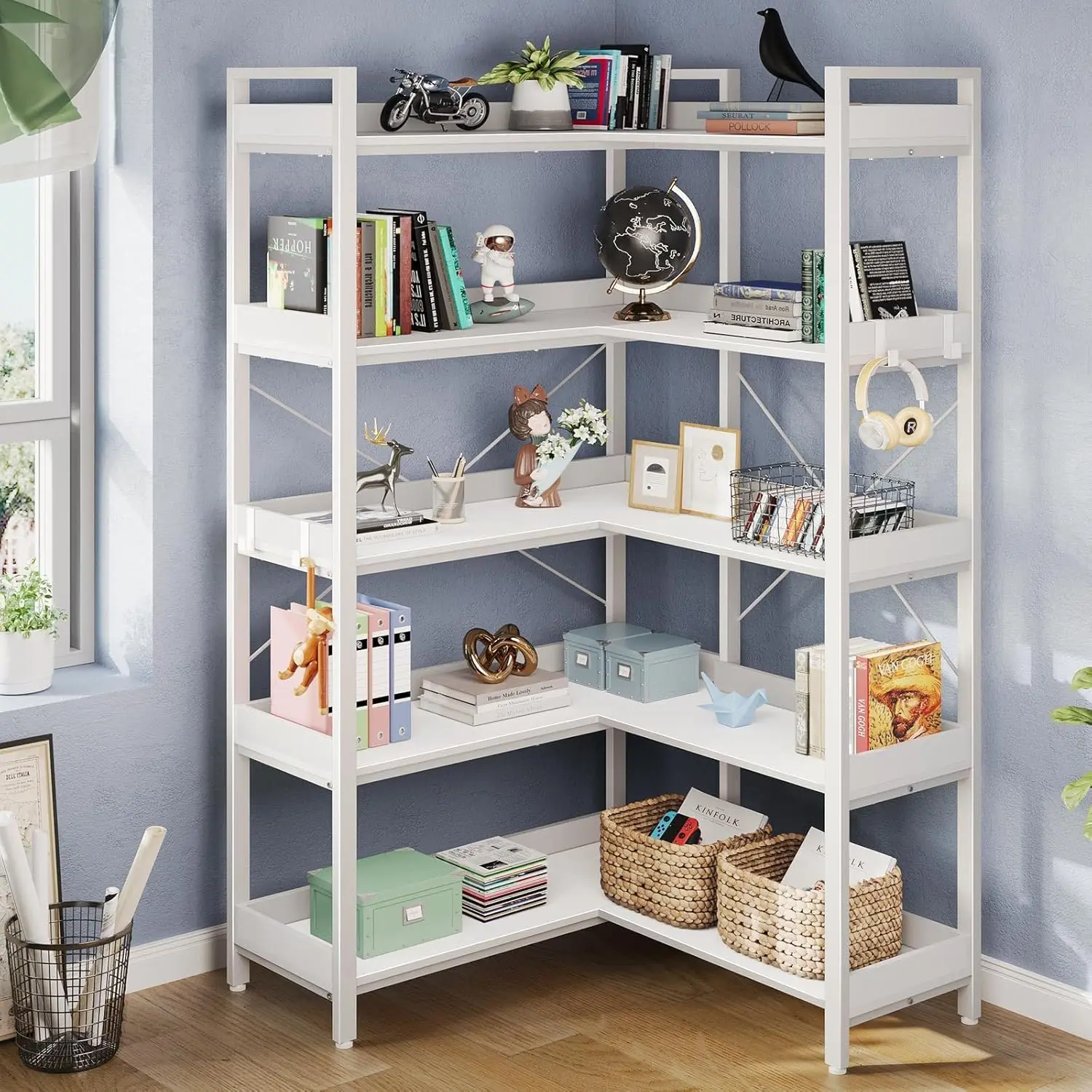 Bookshelf 5 Tier with 4 Hooks, Reversible Corner Bookshelf, 65