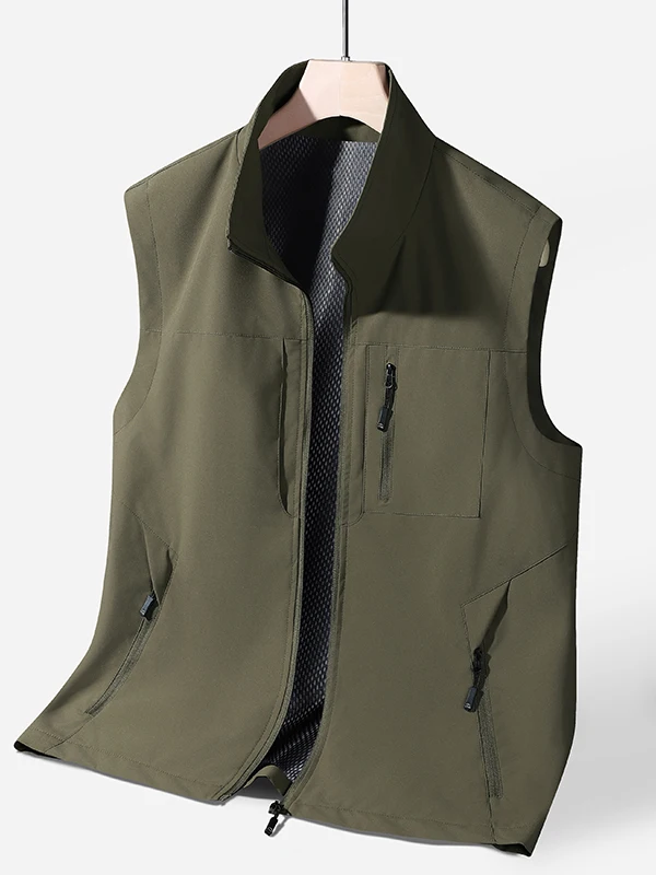 

Water-Resistant Casual Vest Jacket Men's Spring Autumn Outdoor Fishing Stand Collar Clothes Trendy Leisure Standard Fit Polye...
