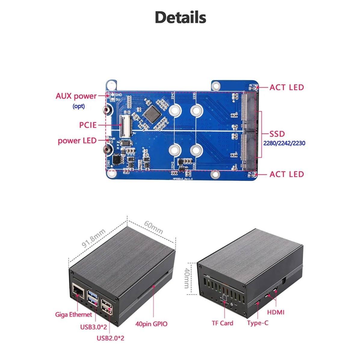 Новый охлаждающий вентилятор MPS2280D + корпус + Pi5 для Raspberry Pi 5 PCIE-M.2 Dual NVME SSD HAT Поддержка 2280/2242/2230 SSD