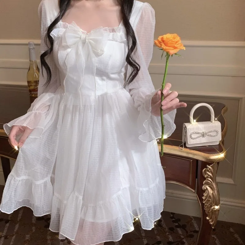 French Fairy Bow Mesh Princess Dress Spring Summer Flare Sleeve Sheer Waisted A-line Ruffled Midi Dresses Party Vestido