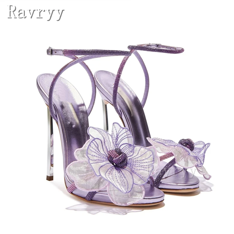 

Purple Flowers Women Party Shoes Bling Rhinestones Ankle Buckle Strap Thin High Heels Sandals Brand New Luxury Stiletto Shoes