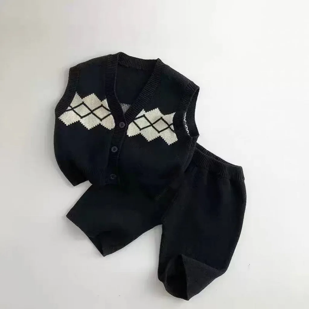 Korean Version Ins Knitted Solid Color Pattern Spring and Autumn Season Children's New Men's and Women's Treasure Vest Pants