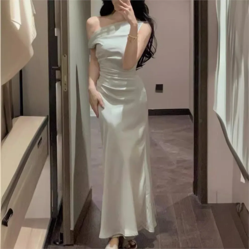 Swing Collar Slant Shoulder Dress French Style Women's Waist-cinching Fishtail Vestidos Solid Color Trendy Simple Style Vacation