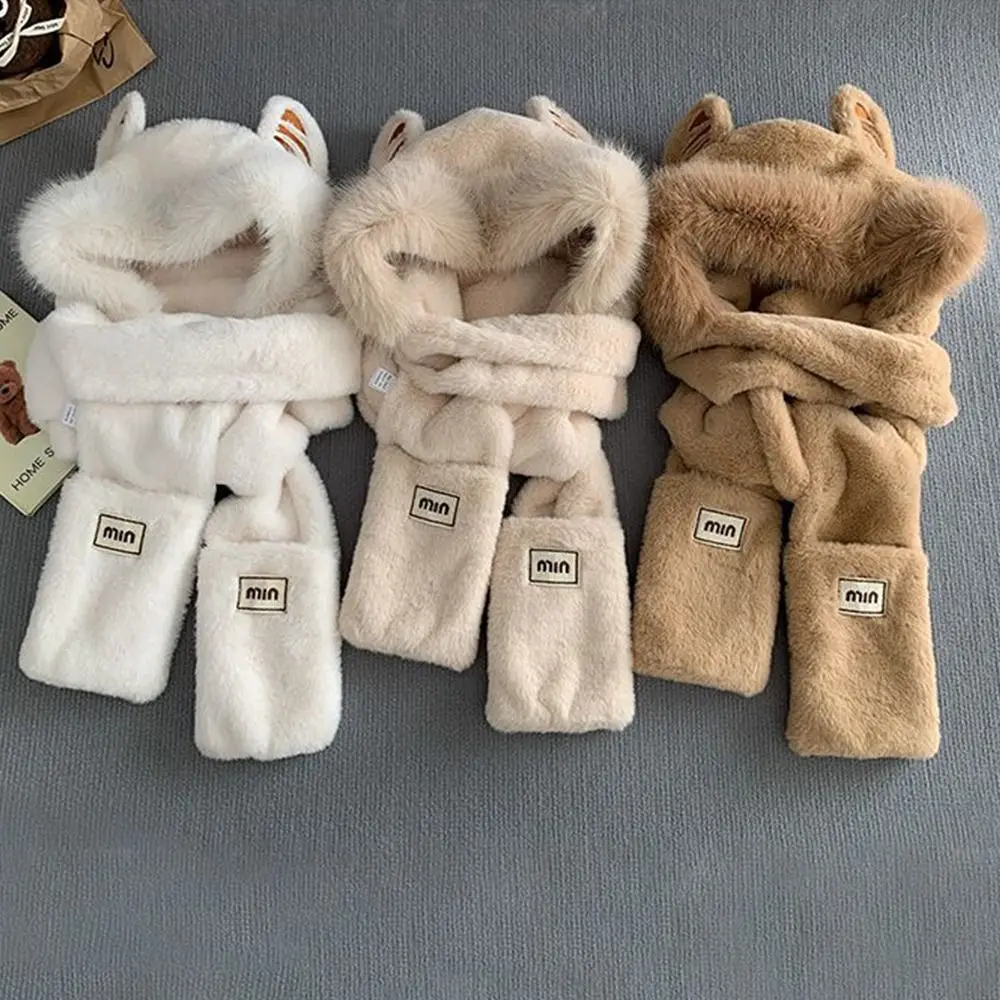 Thickened Plush Hat Scarf Gloves Set Cute Ear Winter Warm Women Beanies Caps Outdoor Neck Warmer Integrated Cap Scarf Cycling