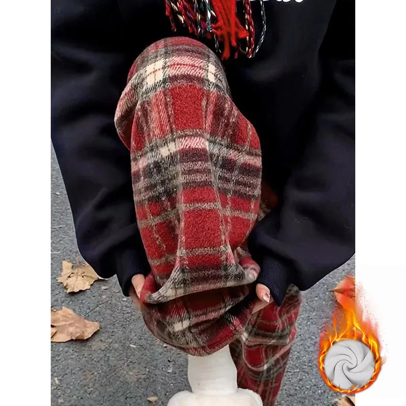 กางเกงขายาวลายสก็อตสีแดงเอวสูงทรงหลวมสบายๆ ช่วยพรางหุ่น ผ้าวูล ทรงขากว้าง สำหรับผู้หญิง ฤดูใบไม้ร่วง ฤดูหนาว