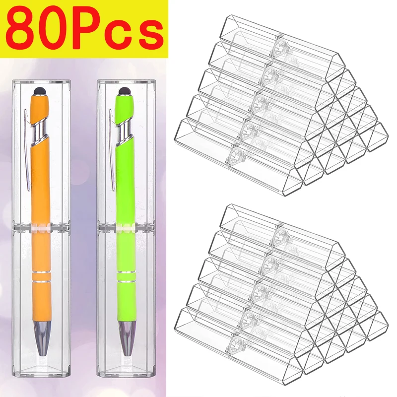 80Pcs Triangular Single Pen Case Acrylic Pen Boxes Clear Ballpoint Pen Case Pencil Gift Box Pens Storage Container Empty Cases